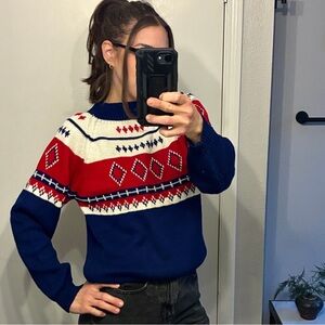 Vintage Nordic Fair Isle Knit Sweater Red White Blue Graphic Pullover